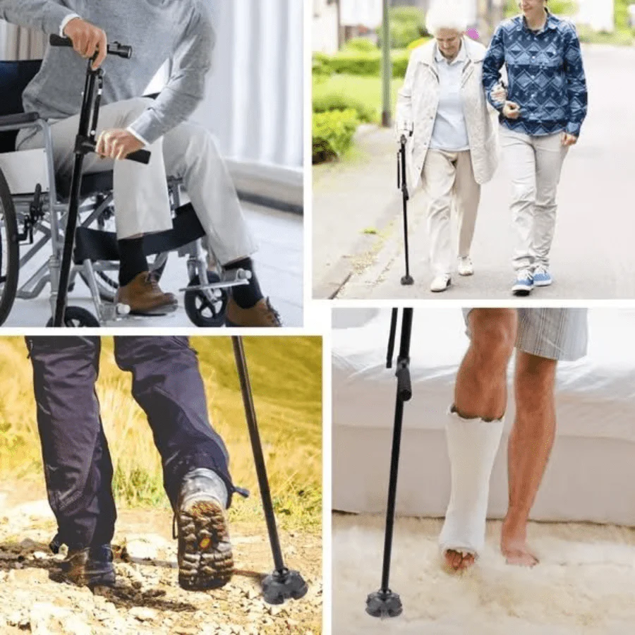 Utilisations variées de la canne : fauteuil roulant, randonnée, plâtre