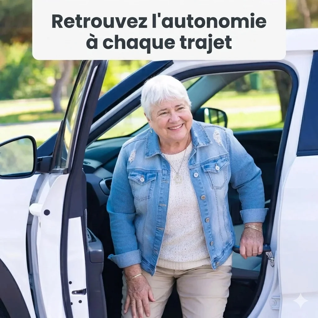 Femme senior sortant facilement d'une voiture grâce à la poignée d'assistance